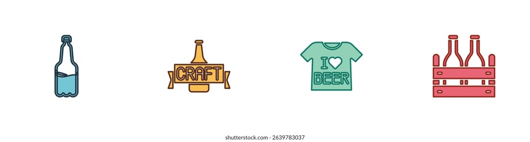 Set Plastic beer bottle, Beer, T-shirt and Pack of bottles icon. Vector
