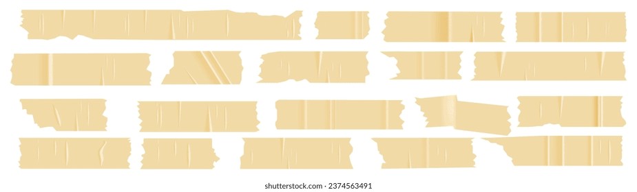 A set of plastic beige pieces of torn scotch tape. Trendy elements for designs with realistic texture. Vector patches on white background.  