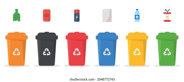 Set of Plastic Bins for Trash Separation on White Background. Dustbin Containers Collection for Segregate Paper, Metal, Glass, Plastic, Organic Waste, E-waste. Isolated Vector Illustration.