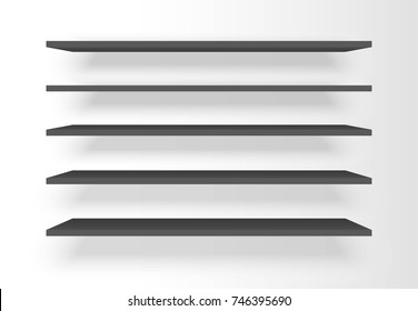 Set of plastic black shelves with shadow on the wall background. Modern, rectangular, horizontal wall furniture template. Shelf icon. Vector illustration