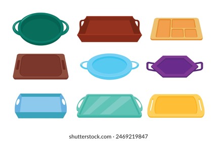 Set of plastic blank food tray with handles. Rectangular kitchen salvers, Fast food restaurant, cafeteria, cafe or catering service dishware, empty styrofoam containers, isolated on white background.