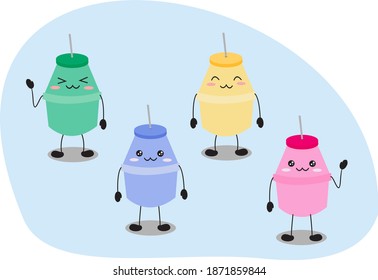 a set of plastic bottle characters. colorful plastic fermented milk bottle cute character vector illustration image. for logos, symbols, icons, wallpapers, backgrounds, android app or web