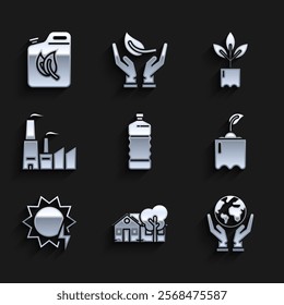 Set Plastic bottle, Eco friendly house, Human hands holding Earth globe, Sprout, Solar energy panel, Factory, Plant and Bio fuel canister icon. Vector