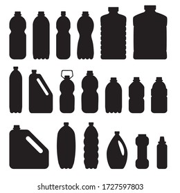 Set of plastic bottle icon. Plastics silhouettes, plastic package symbols collection, beverage and detergent containers vector illustration