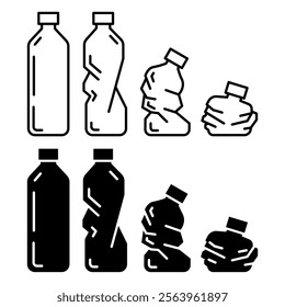 Set plastic bottle icon vector in thin line and flat style with editable stroke on white background. Dented plastic bottles icons set. Vector illustration