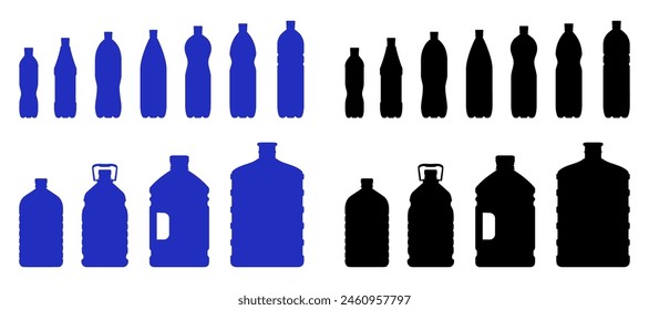 Conjunto de iconos de botellas de plástico. Botellas de plástico de varios tamaños