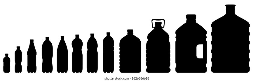 Set of plastic bottle icons isolated on white background. Plastic bottles of various sizes. Contours of bottles for water, lemonade – stock vector