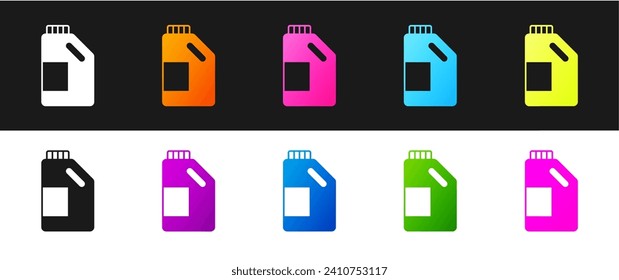 Set Plastic bottle for laundry detergent, bleach, dishwashing liquid or another cleaning agent icon isolated on black and white background.  Vector