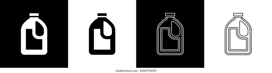 Set Plastic bottle for laundry detergent, bleach, dishwashing liquid or another cleaning agent icon isolated on black and white background.  Vector