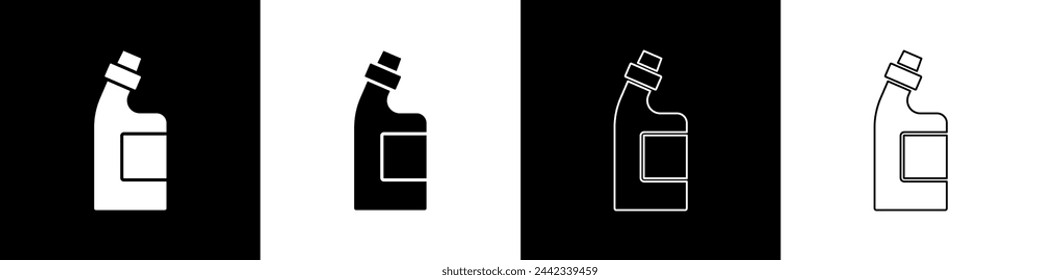 Set Plastic bottle for laundry detergent, bleach, dishwashing liquid or another cleaning agent icon isolated on black and white background.  Vector