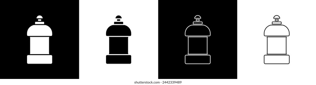 Set Plastic bottle for laundry detergent, bleach, dishwashing liquid or another cleaning agent icon isolated on black and white background.  Vector