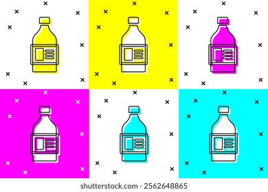 Set Plastic bottle for laundry detergent, bleach, dishwashing liquid or another cleaning agent icon isolated on color background.  Vector