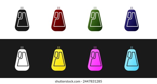 Set Plastic bottle for liquid laundry detergent, bleach, dishwashing liquid icon isolated on black and white background.  Vector Illustration