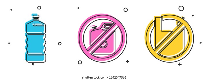 Set Plastic bottle, No canister for gasoline and Say no to plastic bags poster icon. Vector