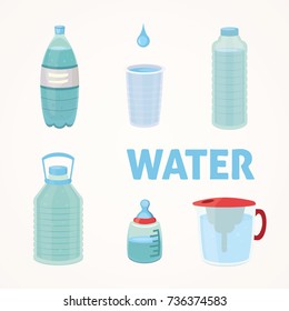 Set Plastic bottle of pure water, different bottle design vector illustration in cartoon style.