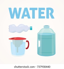 Set Plastic bottle of pure water, different bottle design vector illustration in cartoon style.