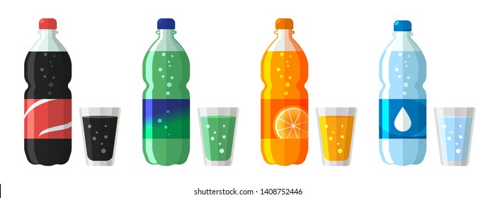 set of plastic bottle of water and sweet soda with glasses. Flat vector water soda icons illustration isolated on white.