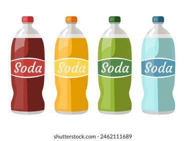Set of plastic bottles with colored soda water . Flat vector icons of carbonated water isolated on white background

