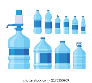 Conjunto de Botellas Plásticas, Cilindro Con Tapón Y Bomba, Contenedores Para Agua Limpia Y Bebidas, Embalaje Para Aqua Mineral, Elementos De Diseño Aislados Sobre Fondo Blanco. Ilustración del vector de dibujos animados