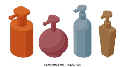 Satz Plastikflaschen mit Dispenser - isometrische, handgezeichnete Vektorgrafik einzeln auf Weiß. Flache Farben, leicht zu reformieren.