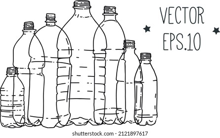 set of plastic bottles freehand drawing, minimalism, doodle. Plastic containers for drinking liquids, recyclable plastic