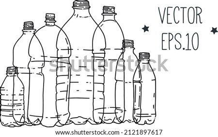 set of plastic bottles freehand drawing, minimalism, doodle. Plastic containers for drinking liquids, recyclable plastic