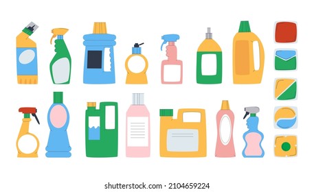 Set of plastic bottles. Household chemicals for the home. Means for washing and cleaning windows, floors, furniture and dishes. Flat vector illustration