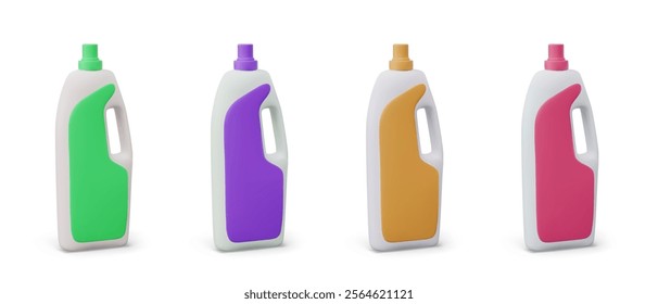 Set of plastic bottles with labels of different colors. Container for chemicals, detergents. Packaging with handle. Vector mockups on white background