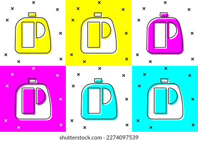 Colocar botellas plásticas para el detergente de lavandería, blanqueador, líquido lavavajillas u otro icono de agente de limpieza aislado en el fondo del color.  Ilustración vectorial