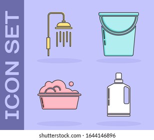 Set Plastic bottles for liquid dishwashing liquid, Shower head with water drops flowing , Plastic basin with soap suds  and Bucket  icon. Vector