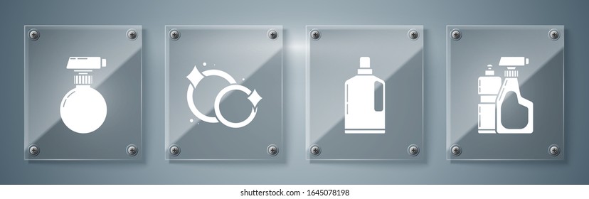 Set Plastic bottles for liquid dishwashing liquid, Washing dishes  and Cleaning spray bottle with detergent liquid . Square glass panels. Vector