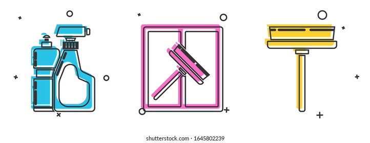 Set Plastic bottles for liquid dishwashing liquid, Squeegee, scraper, wiper and Squeegee, scraper, wiper icon. Vector