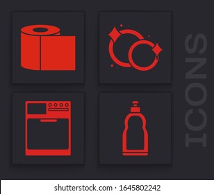 Set Plastic bottles for liquid dishwashing liquid, Toilet paper roll , Washing dishes  and Washer  icon. Vector