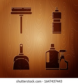 Set Plastic bottles for liquid dishwashing liquid, Squeegee, scraper, wiper, Dustpan  and Plastic bottles for liquid dishwashing liquid on wooden background. Vector