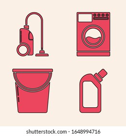 Colocar botellas de plástico para el líquido lavavajillas líquido, Limpiador de vacío , Arandela e Icono de cubo. Vector