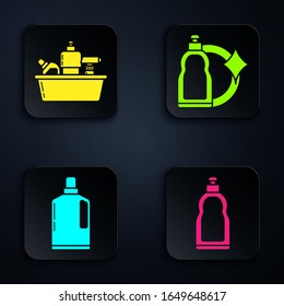 Set Plastic bottles for liquid dishwashing liquid. Black square button. Vector