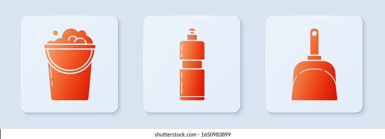 Colocar botellas de plástico para líquido lavavajillas líquido, Cubo con espuma y burbujas y Dustpan . Botón cuadrado blanco. Vector