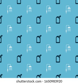 Set Plastic bottles for liquid dishwashing liquid and Shower head with water drops flowing  on seamless pattern. Vector