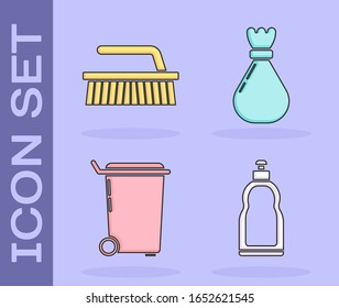 Set Plastic bottles for liquid dishwashing liquid, Brush for cleaning , Trash can  and Garbage bag  icon. Vector