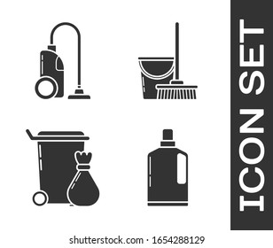Colocar botellas plásticas para líquido lavavajillas, Limpiador de vacío, Basura y el icono de Mop y cubo. Vector