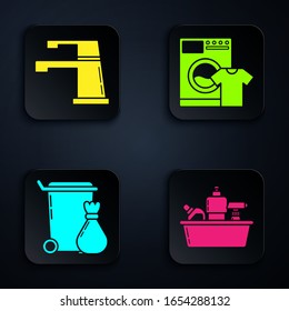 Set Plastic bottles for liquid dishwashing liquid, Water tap , Trash can  and Washer and t-shirt . Black square button. Vector