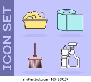 Colocar botellas plásticas para lavavajillas líquidas, Cuenca de plástico con sunos de jabón, Correa de mango y icono de rollo de papel higiénico. Vector
