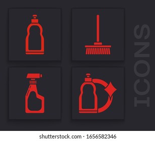 Set Plastic bottles for liquid dishwashing liquid, Mop  and Cleaning spray bottle with detergent liquid  icon. Vector