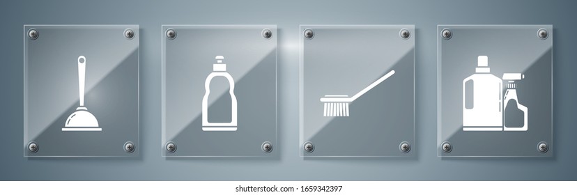 Set Plastic bottles for liquid dishwashing liquid, Toilet brush , Plastic bottles for liquid dishwashing liquid and Toilet plunger. Square glass panels. Vector