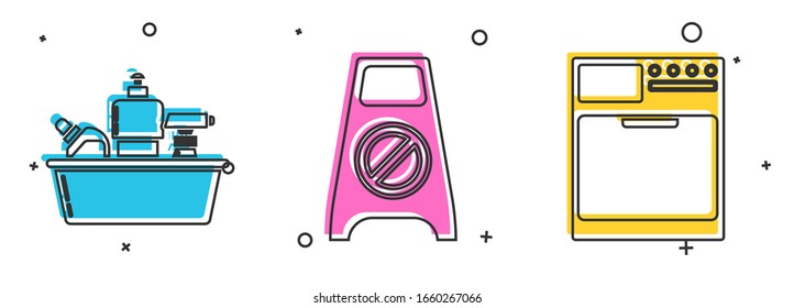 Set Plastic Bottles For Liquid Dishwashing Liquid, Wet Floor And Cleaning In Progress  And Washer  Icon. Vector