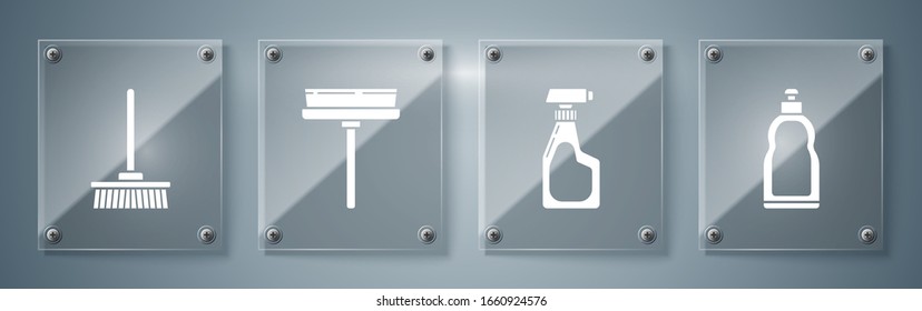 Set Plastic bottles for liquid dishwashing liquid, Cleaning spray bottle with detergent liquid , Squeegee, scraper, wiper and Mop . Square glass panels. Vector