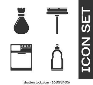 Colocar botellas plásticas para líquido lavavajillas, Bolsa de basura , Lavadora y Cola, pañuelo, icono del limpiaparabrisas. Vector