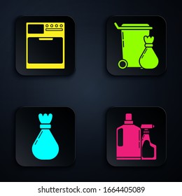 Colocar botellas de plástico para lavavajillas líquido, Lavadora , Bolsa de basura y Basura . Botón cuadrado negro. Vector