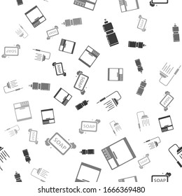 Set Plastic bottles for liquid dishwashing liquid, Washer , Shower head with water drops flowing  and Bar of soap with foam  on seamless pattern. Vector