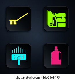 Set Plastic bottles for liquid dishwashing liquid, Toilet brush , Vacuum cleaner and Electric iron and towel . Black square button. Vector